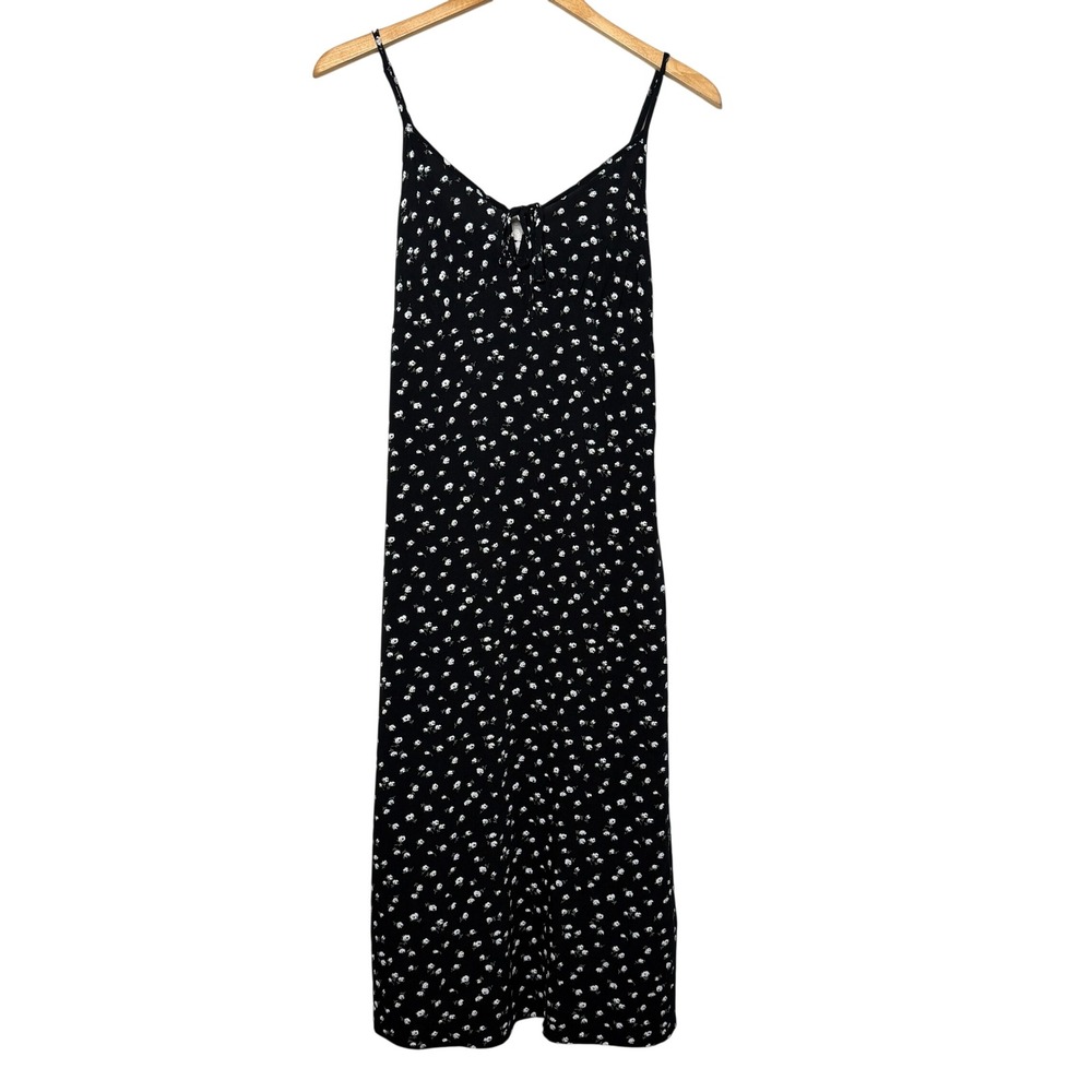 Hollister Black Ditsy Floral Midi Slip Dress Womens Small Tie Front Boho Chic - Picture 2 of 12